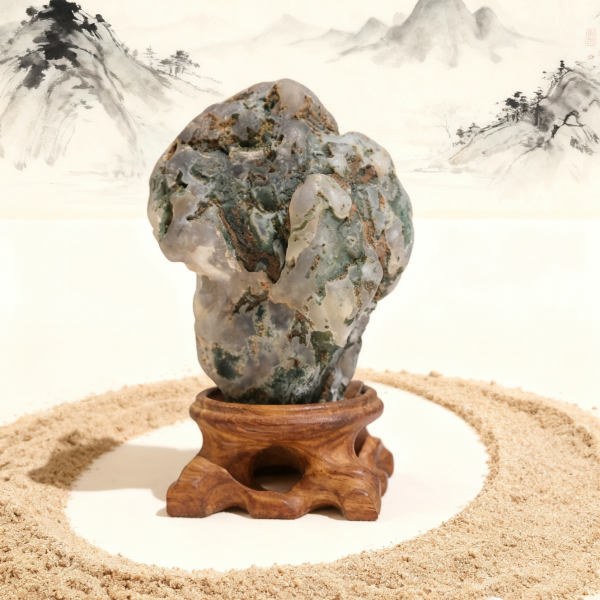 Natural water-patterned agate sculpture with a handcrafted wooden base; Zen-inspired crystal decorative meditation ornament.