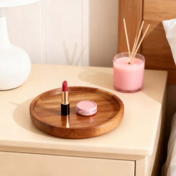 Handmade camphor wood round tray ornament, minimalist, unique, natural decorative, collectible, and gift.