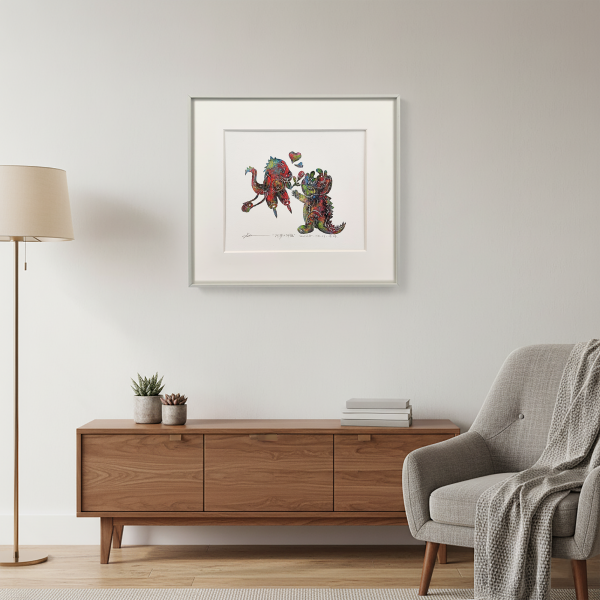 Abstract print "Fantasy Monsters and Dinosaurs," handmade print in aluminum alloy frame, a romantic art decorative painting, a collectible gift for couples and art enthusiasts.