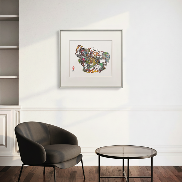 Oriental mythical beast "Pixiu" print, handmade print in aluminum alloy frame, a decorative art collectible gift for bringing wealth and good fortune.
