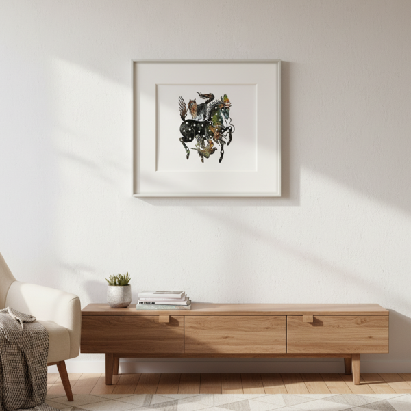 Abstract fantasy animal "Circus Scene" print, handmade print in aluminum alloy frame, a collectible art decorative painting.