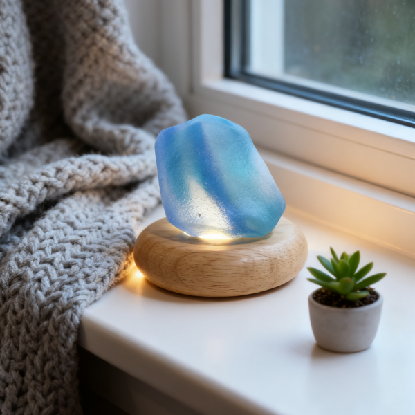 Handcrafted Blue Tuo crystal night light with a wooden base, creating a tranquil coastal atmosphere; a healing accessory for the soul.