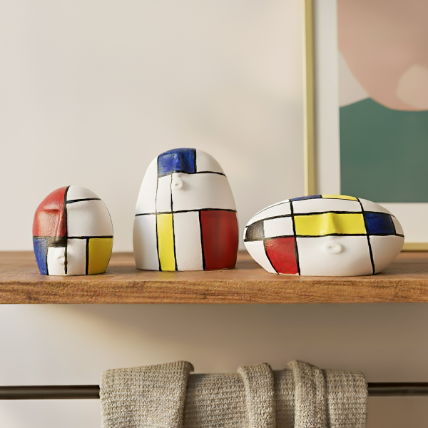 Set of 3 Mondrian Style Abstract Face Sculptures, De Stijl Geometric Head Art Objects, Primary Colors Modernist Set, Collectible art