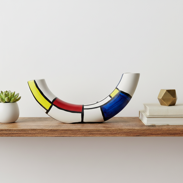 Mondrian Style Crescent Ceramic Sculpture, De Stijl C-Shape Art Object, Geometric Arc Modernist Decor, Artist gift, Collectible art