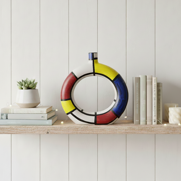 Mondrian Style Donut Ceramic Sculpture, De Stijl Ring Art Object, Geometric Hollow Modernist Decor, Artist gift, Collectible art