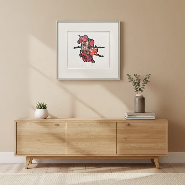 Folk art print "Fuwa," handmade print in aluminum alloy frame, a unique wall decoration, a cultural gift for art lovers.