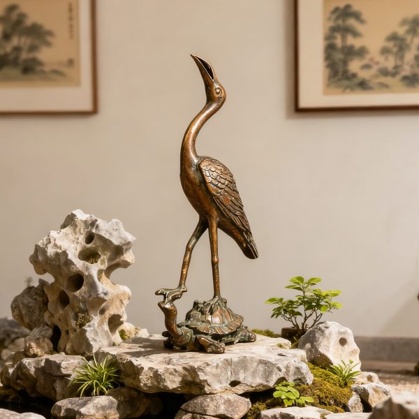Antique Crane & Tortoise Figurine, Handcrafted Rare Sculpture, Longevity & Auspicious Eastern Home Decor Collectible Gift